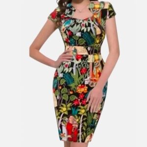 GRACE KARIN "Frida Kaholo" Black Multi Jungle Print Sheath | 2XL